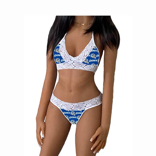 Lions Lingerie Tie-Top & String or Thong Panty, Detroit Lions White Lace Lingerie Set, Made to Order, XS - L