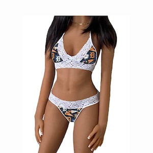 Tigers Lingerie Tie-Top & String or Thong Panty, Detroit Tigers White Lace Lingerie Set, Made to Order, XS - L