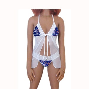 Giants Lingerie White Lace Babydoll Top and String or Thong Panty, New York Giants Lingerie Set, Made to Order, XS - L
