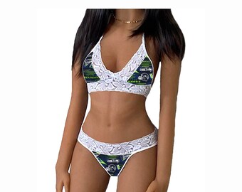 Seattle Seahawks Lingerie White Lace Tie-Top and String Thong Panty Set - Ready to Ship - Small to Large