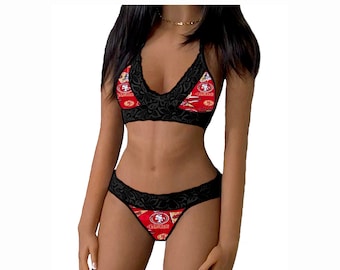 49ers Lingerie Tie-Top & Thong or String Panty, San Francisco 49ers Lace Lingerie Set, Made to Order, XS - L