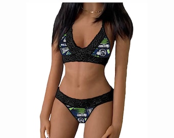 Seahawks Lingerie Tie-Top & Thong or String Panty, Seattle Seahawks Lace Lingerie Set, Made to Order, XS - L