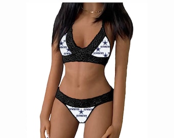 Cowboys Lingerie Tie-Top & Thong or String Panty, Dallas Cowboys Lace Lingerie Set w/ White Fab, Made to Order, XS - L