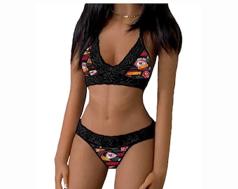 Chiefs Lingerie Tie-Top & Thong or String Panty, Kansas City Chiefs Lace Lingerie Set, Made to Order, XS - L