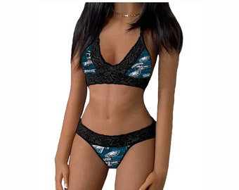 Eagles Lingerie Tie-Top & Thong or String Panty, Philadelphia Eagles Lace Lingerie Set, Made to Order, XS - L