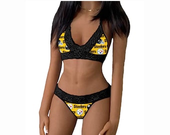 Steelers Lingerie Tie-Top & Thong or String Panty, Pittsburgh Steelers  Lace Lingerie Set, Made to Order, XS - L