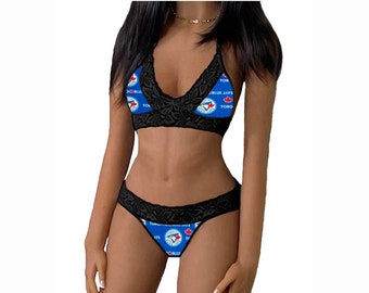 Blue Jays Lingerie Tie-Top & Thong or String Panty, Toronto Blue Jays Lace Lingerie Set, Made to Order, XS - L