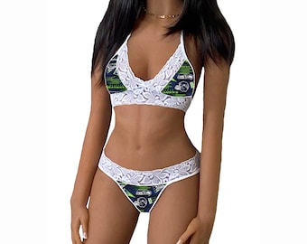 Seahawks Lingerie Tie-Top & String or Thong Panty, Seattle Seahawks White Lace Lingerie Set, Made to Order, XS - L