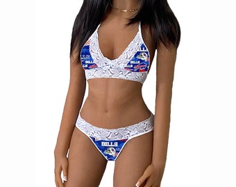 Bills Lingerie Tie-Top & String or Thong Panty, Buffalo Bills White Lace Lingerie Set, Made to Order, XS - L