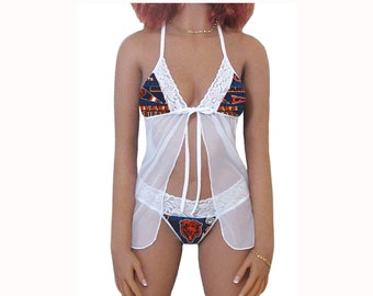 Bears Lingerie White Lace Babydoll Top and String or Thong Panty, Chicago Bears Lingerie Set, Made  to Order, XS - L