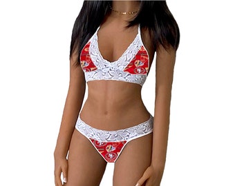 Lencería de los 49ers con top anudado y tanga o tanga. Conjunto de lencería de encaje blanco de los San Francisco 49ers. Hecho a medida. Tallas XS a L.