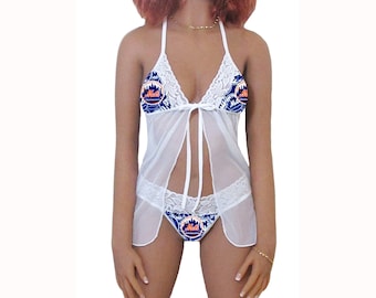 New York Mets Lingerie White Babydoll Set - Top and String Thong Panty - Ready to Ship - Small, Medium or Large