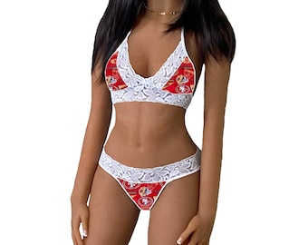 San Francisco 49ers Lingerie White Lace Tie-Top and String Thong Panty Set - Ready to Ship - Small to Large