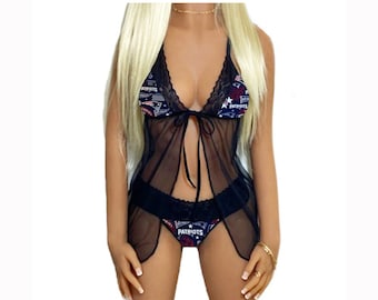 Conjunto de lencería babydoll de los New England Patriots - Top y braguita tanga - Listo para enviar - Tallas S, M o L