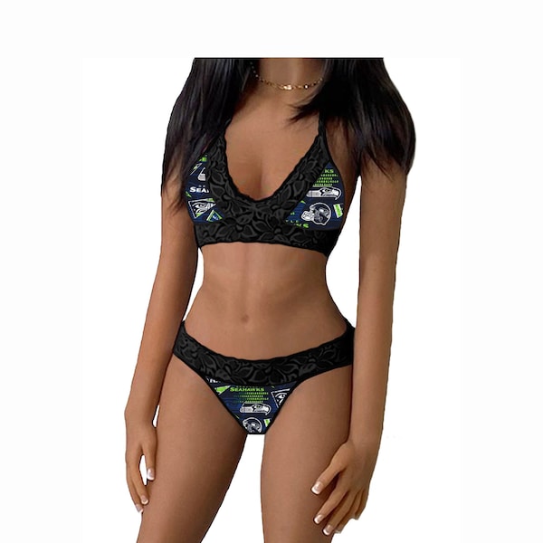 Seahawks Lingerie Tie-Top & Thong or String Panty, Seattle Seahawks Lace Lingerie Set, Made to Order, XS - L