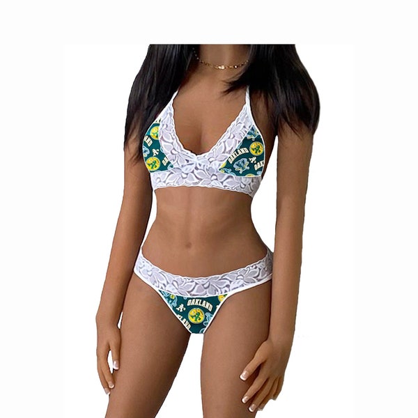 Oakland A's Lingerie Tie-Top & String or Thong Panty, Oakland A's White Lace Lingerie Set, Made to Order, XS - L