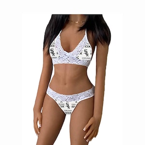 White Sox Lingerie Tie-Top & String or Thong Panty, Chicago White Sox White Lace Lingerie Set, Made to Order, XS - L