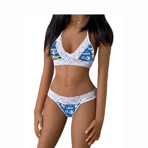 Chargers Lingerie Tie-Top & String or Thong Panty, Los Angeles Chargers White Lace Lingerie Set, Made to Order, XS - L