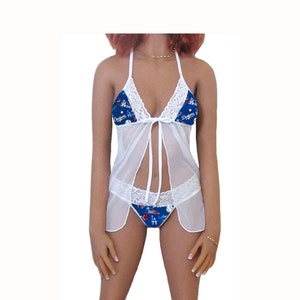 Los Angeles LA Dodgers Lingerie White Babydoll Set - Top and String Thong Panty - Ready to Ship - Small, Medium or Large