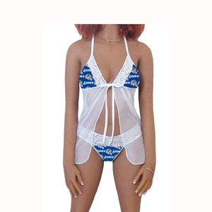 Lions Lingerie White Lace Babydoll Top and String or Thong Panty, Detroit Lions Lingerie Set, Made to Order, XS - L