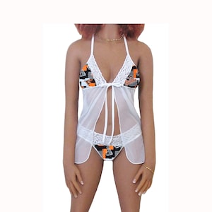 Orioles Lingerie White Lace Babydoll Top and String or Thong Panty, Baltimore Orioles Lingerie Set, Made to Order, XS - L