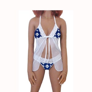 Rays Lingerie White Lace Babydoll Top and String or Thong Panty, Tampa Bay Rays Lingerie Set, Made to Order, XS - L