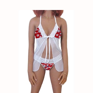 Nationals Lingerie White Lace Babydoll Top & String or Thong Panty, Washington Nationals Lingerie Set, Made to Order, XS - L