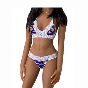 Vikings Lingerie Tie-Top & String or Thong Panty, Minnesota Vikings White Lace Lingerie Set, Made to Order, XS - L