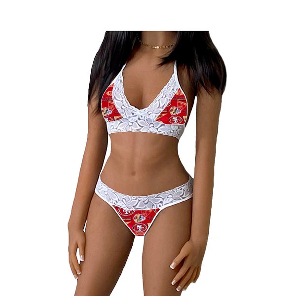 49ers Lingerie Tie-Top & String or Thong Panty, San Francisco 49ers White Lace Lingerie Set, Made to Order, XS - L