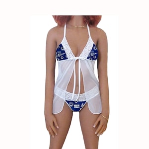 Colts Lingerie White Lace Babydoll Top and String or Thong Panty, Indianapolis Colts Lingerie Set, Made to Order,  XS - L