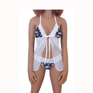 Braves Lingerie White Lace Babydoll Top and String or Thong Panty, Atlanta Braves Lingerie Set, Made to Order, XS - L