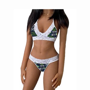 Seahawks Lingerie Tie-Top & String or Thong Panty, Seattle Seahawks White Lace Lingerie Set, Made to Order, XS - L