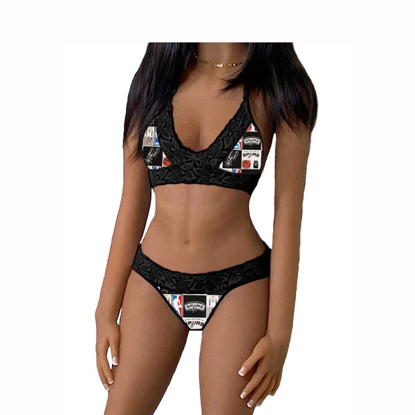 Spurs Lingerie Tie-Top & Thong or String Panty, San Antonio Spurs Lace Lingerie Set, Made to Order, XS - L