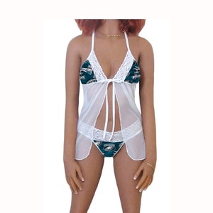 Eagles Lingerie White Lace Babydoll Top and String or Thong Panty, Philadelphia Eagles Lingerie Set, Made to Order, XS - L