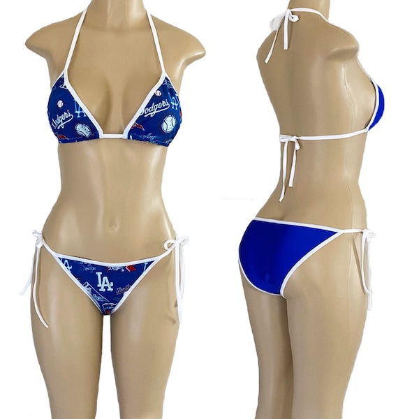 Los Angeles Dodgers Skimpy String Bikini made w/Non-Stretch Sports Fabric and a Stretchy Lycra Rear, X-Small to Large, Scrunched or Not