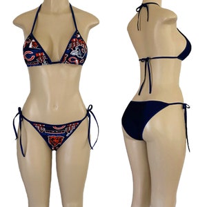 Chicago Bears Skimpy String Bikini made w/Non-Stretch Sports Fabric and a Stretchy Lycra Rear, X-Small to Large, Scrunched or Not