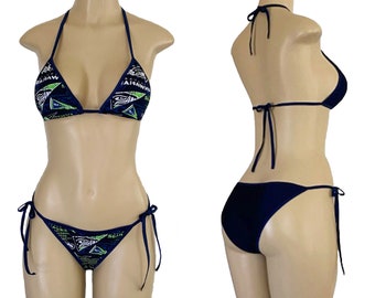 Seattle Seahawks Skimpy String Bikini made w/Non-Stretch Sports Fabric and a Stretchy Lycra Rear, X-Small to Large, Scrunched or Not