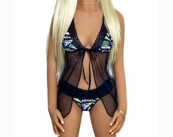 Seattle Seahawks Lace Babydoll Lingerie Set, Seahawks Lingerie Top & Panty,  Cute Football Lingerie, X-large to 2X Plus 