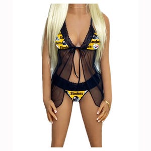 May include: Black sheer lingerie set with Steelers logo accents. The set includes a halter top and matching bottoms. The top features a plunging neckline and tie closure. The bottoms are a bikini style. The Steelers logo is yellow and black.