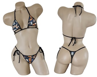 Detroit Tigers Bikini - TEENY String Thong Bikini with Adjustable Underboob Cut Out Top - ONE SIZE - Made to Order