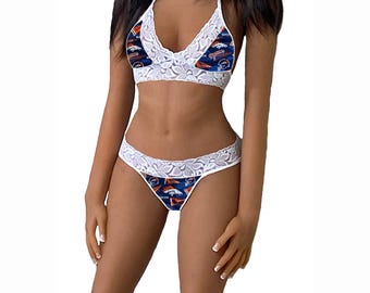 Conjunto de lencería Broncos: top con lazo y braguita de hilo o tanga, lencería de encaje blanco de los Denver Broncos, hecho a medida, tallas XS a L