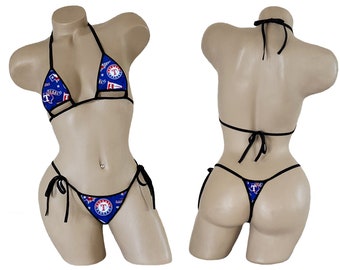 May include: A blue and red bikini with a Texas Rangers logo print. The bikini top is a triangle style with adjustable straps. The bikini bottom is a thong style with adjustable ties on the sides.