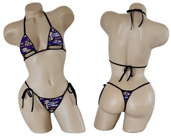 Baltimore Ravens Bikini - TEENY String Thong Bikini with Adjustable Underboob Cut Out Top - ONE SIZE - Made to Order