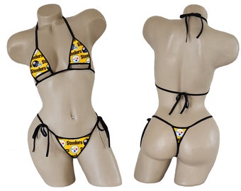 Pittsburgh Steelers  - TEENY String Thong Bikini with Adjustable Underboob Cut Out Top - ONE SIZE - Made to Order