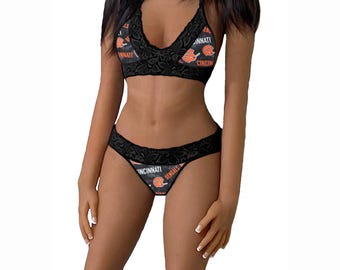 Conjunto de lencería de los Cincinnati Bengals con top de encaje y tanga de hilo (2 unidades) - Listo para enviar (talla pequeña a grande)