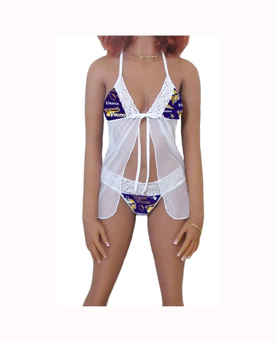 Vikings Lingerie White Lace Babydoll Top and String or Thong Panty,  Minnesota Vikings Lingerie Set, Made to Order, XS - L
