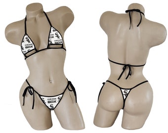 Chicago White Sox Bikini - TEENY String Thong Bikini with Adjustable Underboob Cut Out Top - ONE SIZE - Made to Order