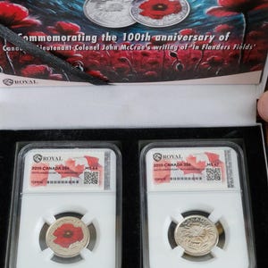 Certifié CANADA 2015 FLANDERS FIELD 25 cents commémoratifs Coquelicot double pièces dans des coffrets en bois MS64 et MS67 avec carte postale. Cadeaux pour lui/elle