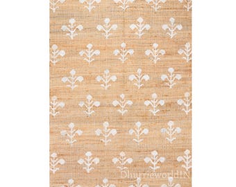 Hand Woven Jute Rug, Natural White Flower, Boho Style