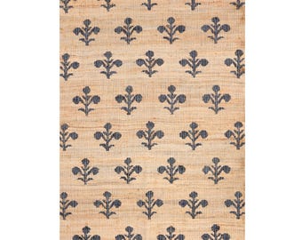 Handwoven Jute Rug, Blue Flower Print, Bohemian Home  Decor